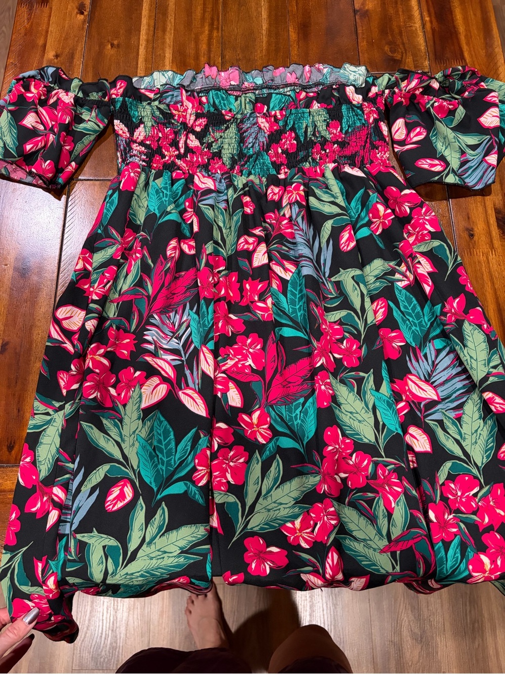 Off-Shoulder Floral Sundress in Black with Pink & Teal Floral Print